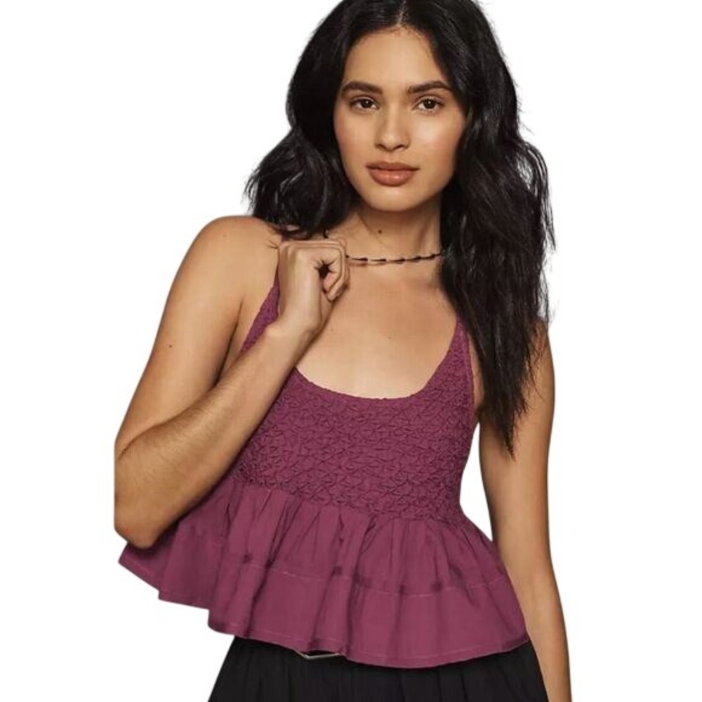 Anthropologie Smocked Swing Tank Top Purple Ruffle Tie‎ Back Sleeveless Womens L